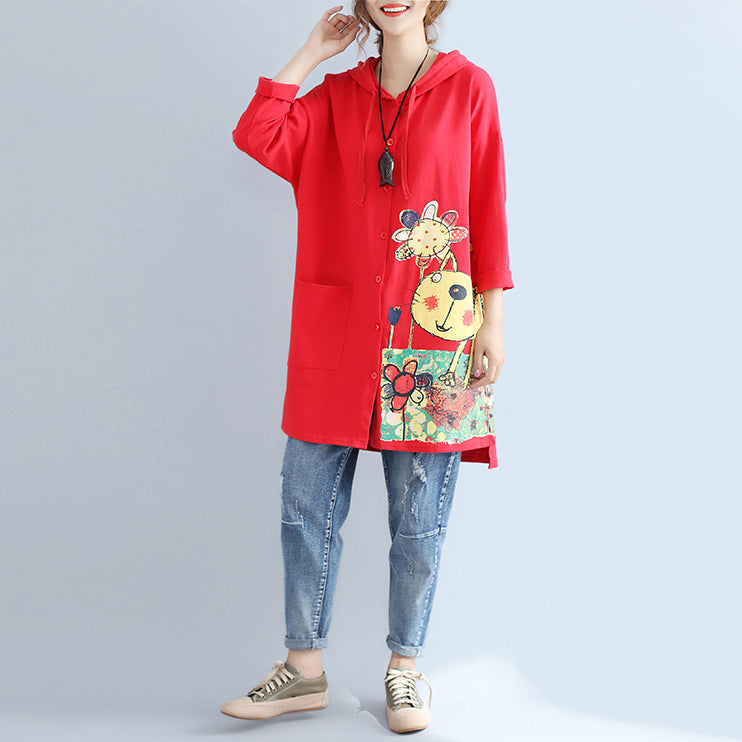 Autumn Red New Hooded Cotton Coats Print Big Pocket Cardigans Outwear