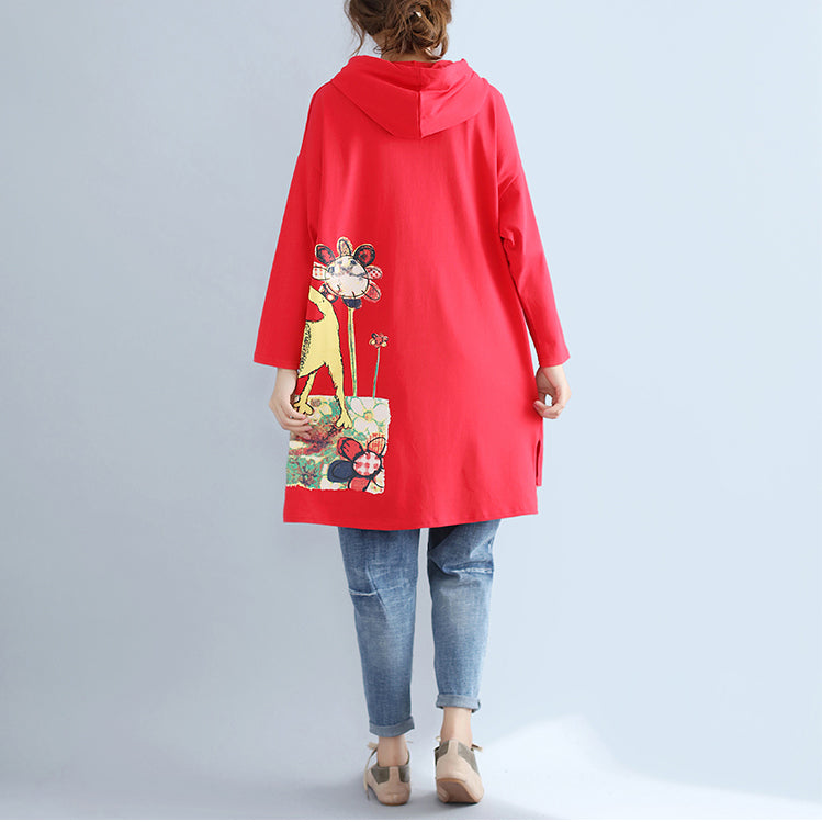 Autumn Red New Hooded Cotton Coats Print Big Pocket Cardigans Outwear
