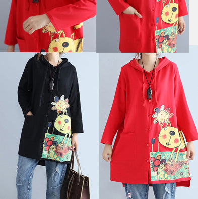 Autumn Red New Hooded Cotton Coats Print Big Pocket Cardigans Outwear
