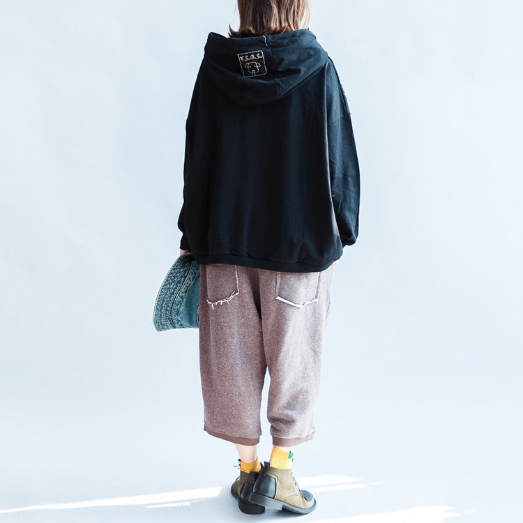 Autumn Thick Black Cotton Pullover Oversize Hooded Sport Blouse
