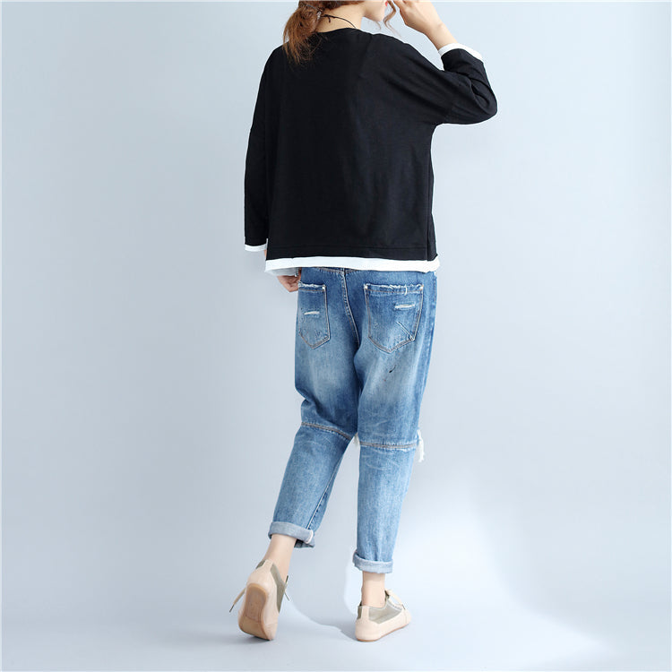 Autumn Thick Prints Cotton Pullover Oversize Long Sleeve Tops