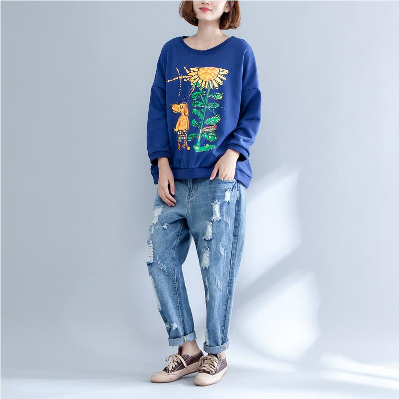 Autumn Thick Warm Cotton Tops Oversize O Neck Prints Pullover