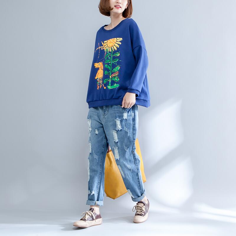 Autumn Thick Warm Cotton Tops Oversize O Neck Prints Pullover