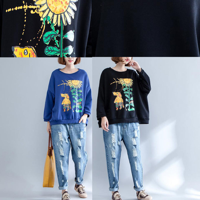Autumn Thick Warm Cotton Tops Oversize O Neck Prints Pullover