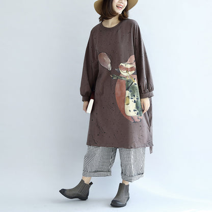 Autumn Warm Khaki Cartoon Print Cotton Dresses Lantern Sleeve Pullover Dress