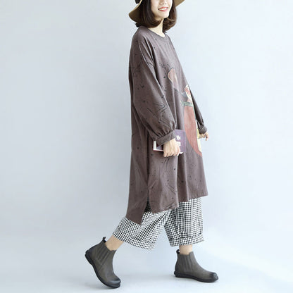 Autumn Warm Khaki Cartoon Print Cotton Dresses Lantern Sleeve Pullover Dress