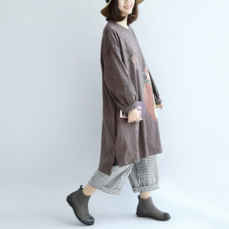 Autumn Warm Khaki Cartoon Print Cotton Dresses Lantern Sleeve Pullover Dress