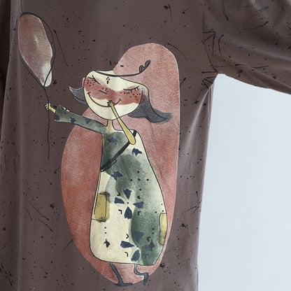 Autumn Warm Khaki Cartoon Print Cotton Dresses Lantern Sleeve Pullover Dress