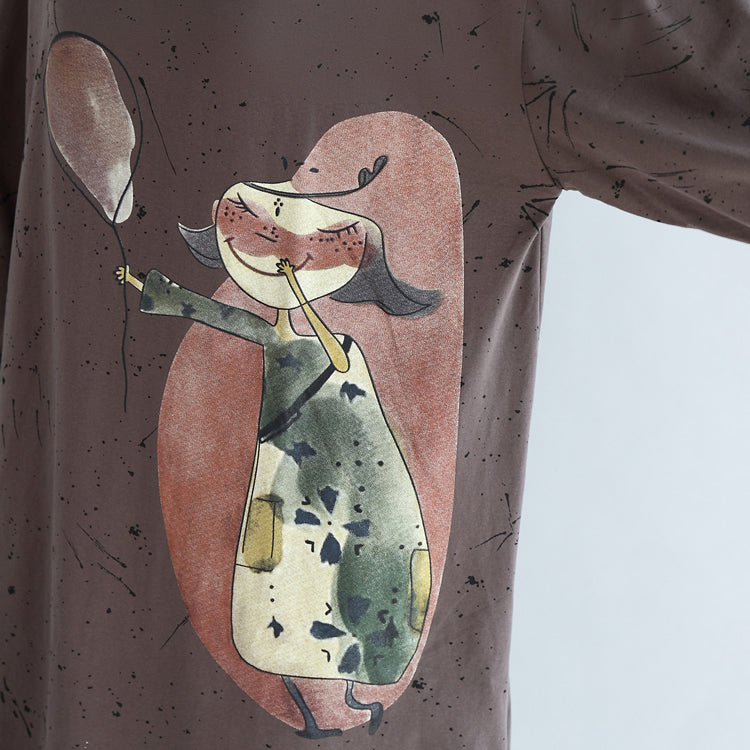 Autumn Warm Khaki Cartoon Print Cotton Dresses Lantern Sleeve Pullover Dress