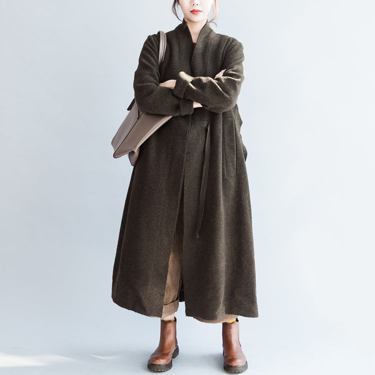 Autumn Winter Blackish Green Woolen Cardigans Tie Waist Trench Coats