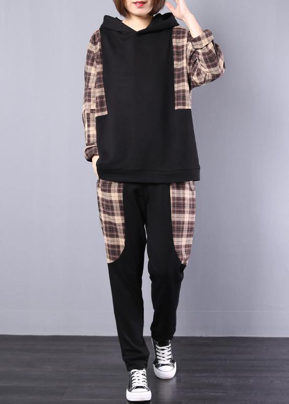 Autumn Black Patchwork Khaki Plaid Hooded Tops and Pants Two Pieces