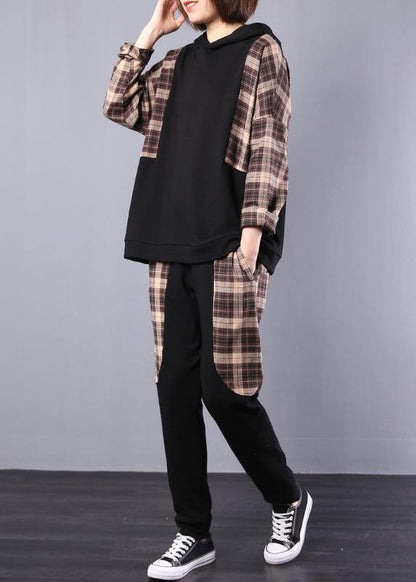 autumn women black patchwork khaki plaid hooded tops and casual pants two pieces