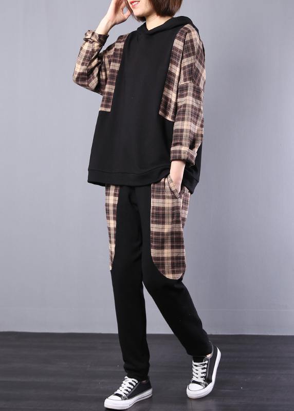 Autumn Black Patchwork Khaki Plaid Hooded Tops and Pants Two Pieces