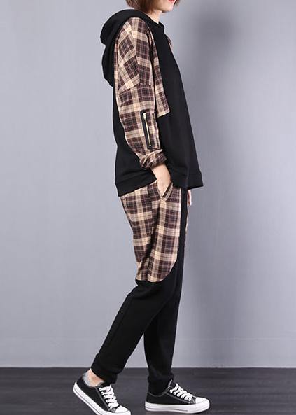 autumn women black patchwork khaki plaid hooded tops and casual pants two pieces