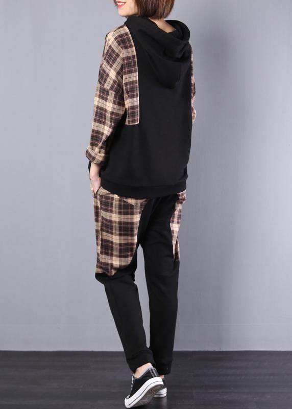 autumn women black patchwork khaki plaid hooded tops and casual pants two pieces