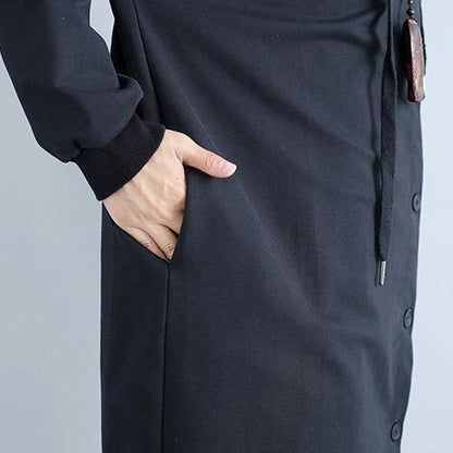 Autumn Prints Black Cotton Cardigan Oversize Fit Hooded Trench Coat