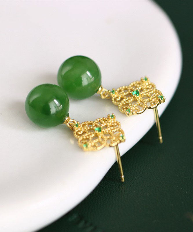 Tea Green Sterling Silver Overgild Zircon Jade Drop Earrings
