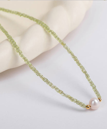 Simple Green 14k Gold Pearl Gem Stone Gratuated Bead Necklace