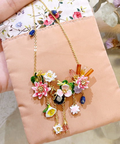 Gold Sterling Silver Overgild Dragonfly Gem Stone Lotus Leaf Pendant Necklace