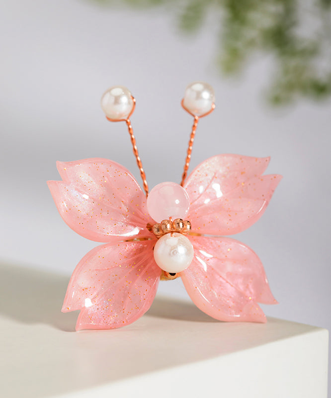 Pink Copper Alloy Pearl Colored Glaze Butterfly Hairpin