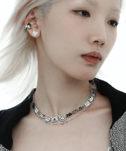 Silk Stainless Steel Graffiti Cat Double-layer Necklace
