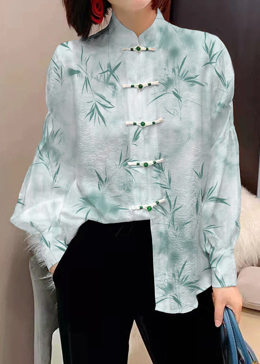 Chinese Style White Texture Stand Collar Button Jacquard Silk Blouse Tops Lantern Sleeve