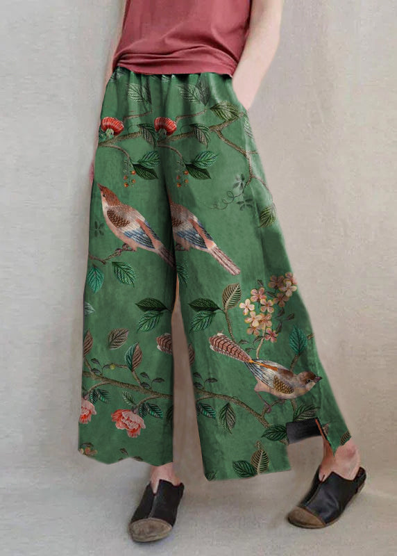 Handmade White Flowers Dandelion Wide Leg Pants Summer Cotton Linen