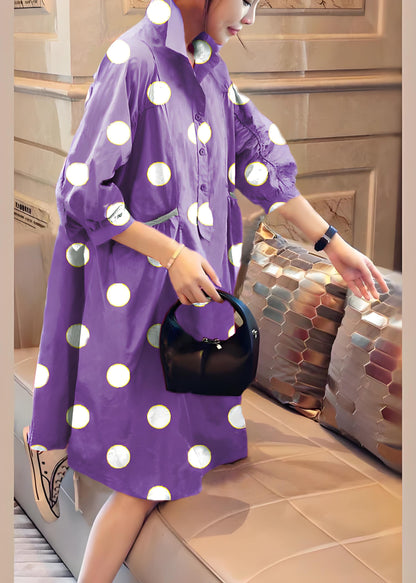 Purple Polka Dots Pockets Button Fall Half Sleeve Shirt Dress