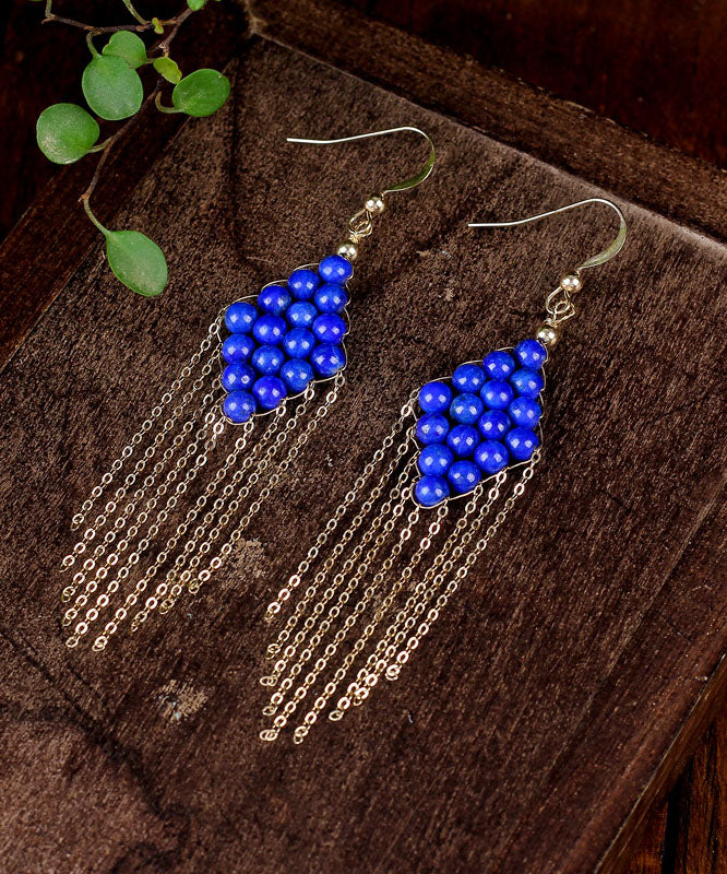 Blue 14k Gold Gem Stone Tassel Drop Earrings
