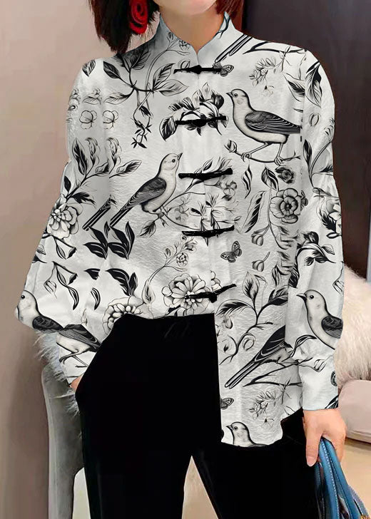 Chinese Style White Flowers and Birds Stand Collar Button Jacquard Silk Blouse Tops Lantern Sleeve