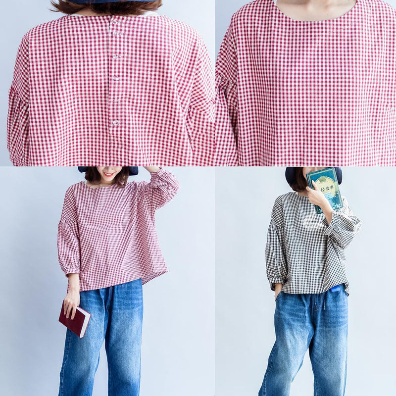 Back Button Cotton T Shirt Oversize Red White Grid Long Sleeve Tops