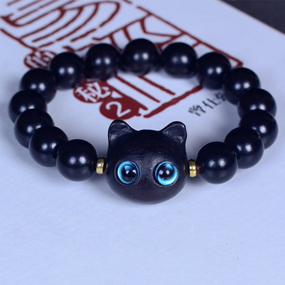 Buddha Stones Ebony Wood Liuli Glass Cat Peace Balance Bracelet