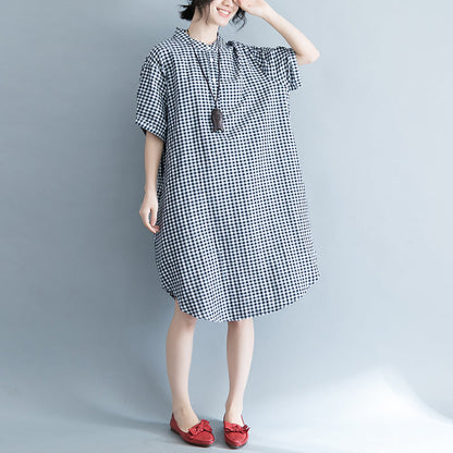 Baggy Plaid Natural Cotton Dress Cotton Clothing Dresses Short Sleeve Stand Cotton Clothing