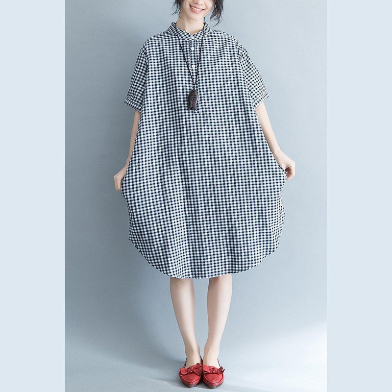 Baggy Plaid Natural Cotton Dress Cotton Clothing Dresses Short Sleeve Stand Cotton Clothing