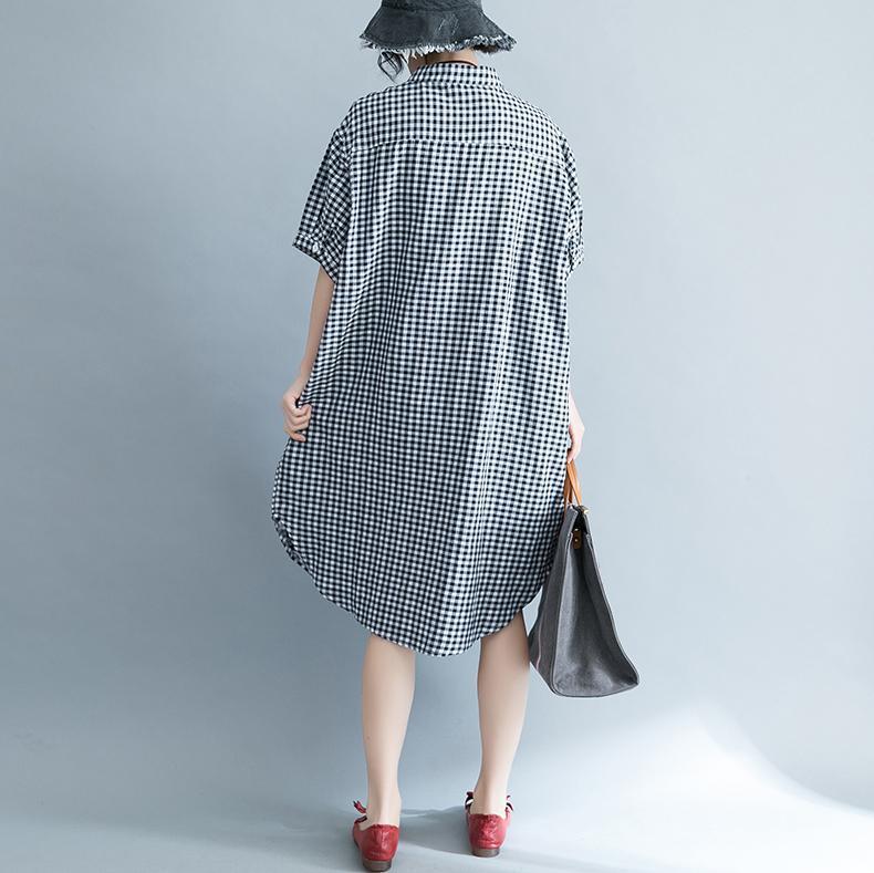 Baggy Plaid Natural Cotton Dress Cotton Clothing Dresses Short Sleeve Stand Cotton Clothing