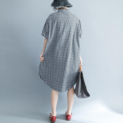 Baggy Plaid Natural Cotton Dress Cotton Clothing Dresses Short Sleeve Stand Cotton Clothing