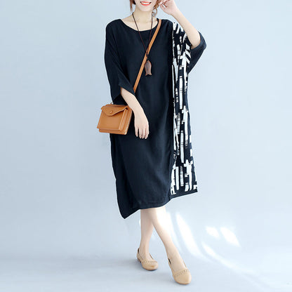 Baggy Black Midi-length Cotton T Shirt Traveling Clothing Fine Batwing Sleeve Patchwork Natural Cotton Pullover