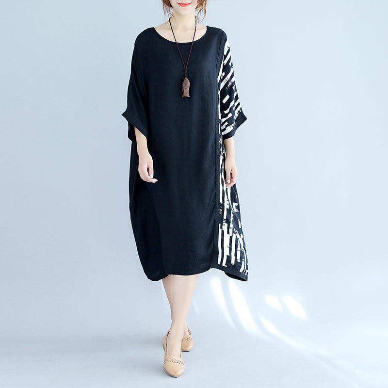 Baggy Black Midi-length Cotton T Shirt Traveling Clothing Fine Batwing Sleeve Patchwork Natural Cotton Pullover
