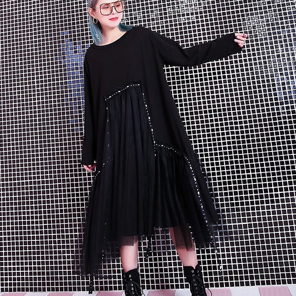 Baggy Black Fall Dresses Patchwork Tulle Asymmetrical Design O Neck Rivet Knee Dresses