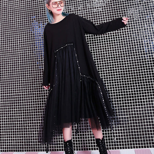 Baggy Black Fall Dresses Patchwork Tulle Asymmetrical Design O Neck Rivet Knee Dresses