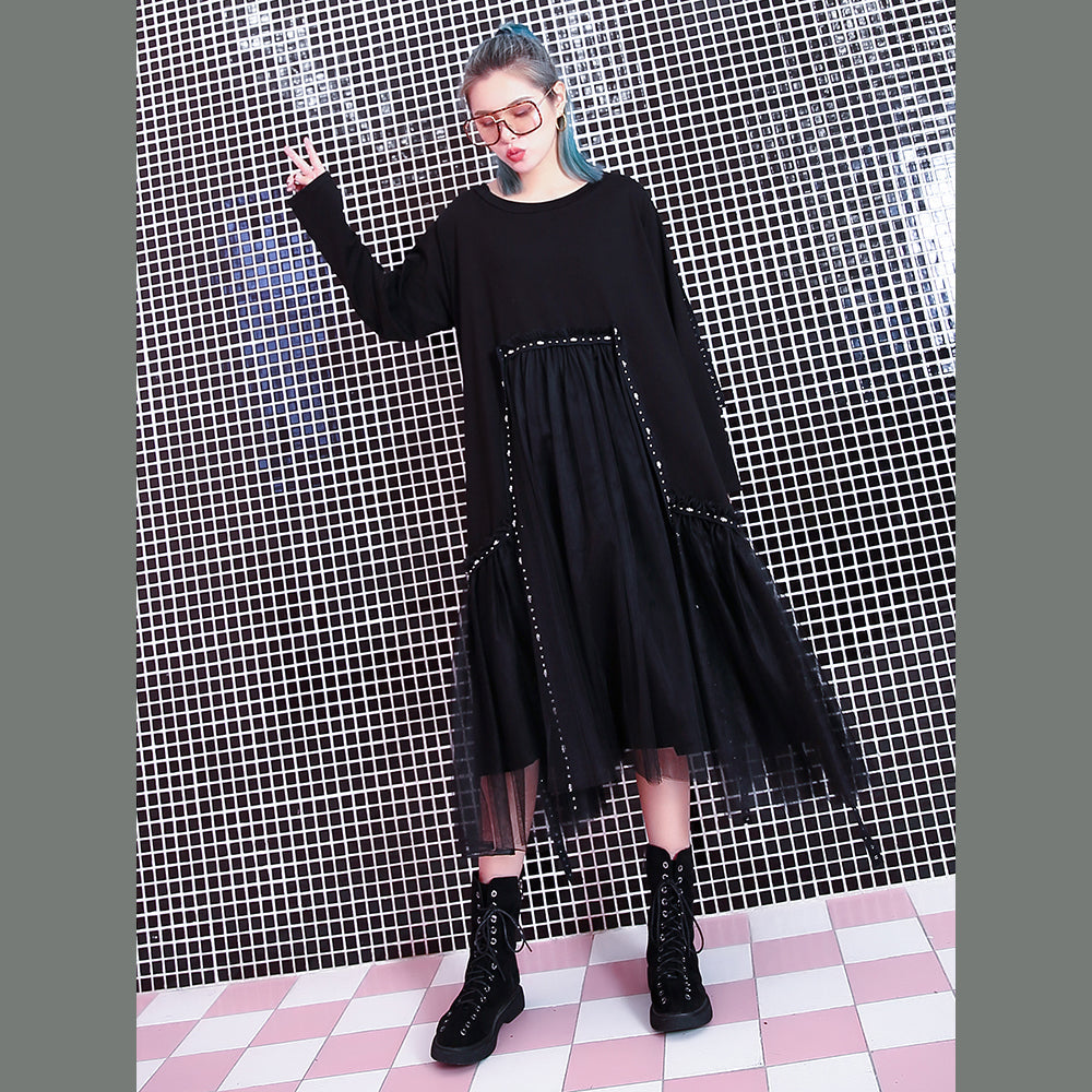 Baggy Black Fall Dresses Patchwork Tulle Asymmetrical Design O Neck Rivet Knee Dresses