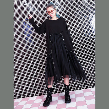 Baggy Black Fall Dresses Patchwork Tulle Asymmetrical Design O Neck Rivet Knee Dresses
