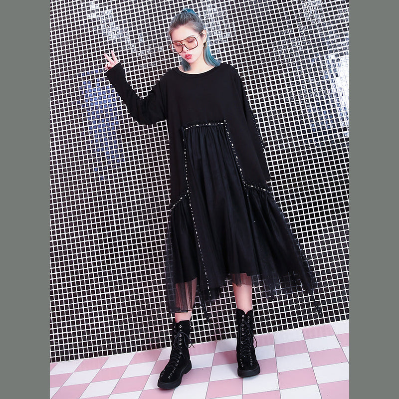 Baggy Black Fall Dresses Patchwork Tulle Asymmetrical Design O Neck Rivet Knee Dresses