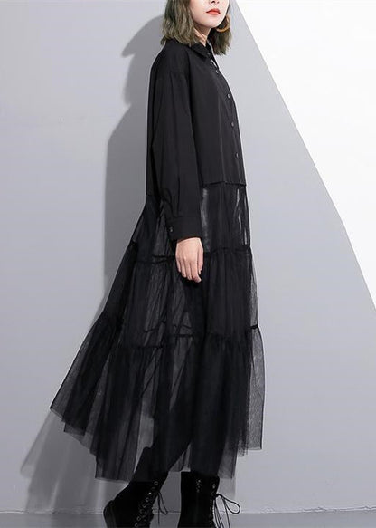 Baggy Black Cotton Dress Patchwork Tulle Clothing Dresses New Lapel Collar Kaftans