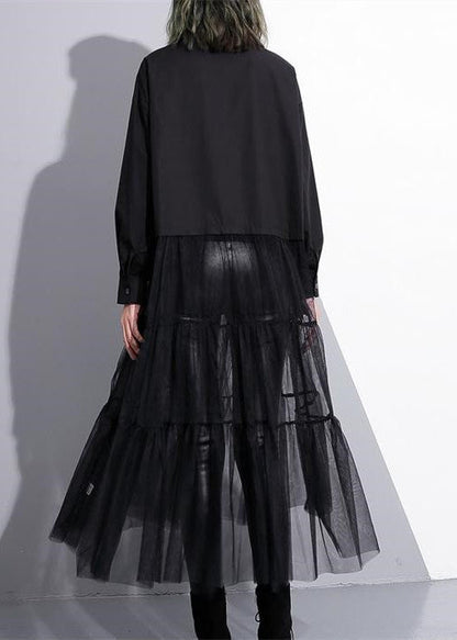 Baggy Black Cotton Dress Patchwork Tulle Clothing Dresses New Lapel Collar Kaftans