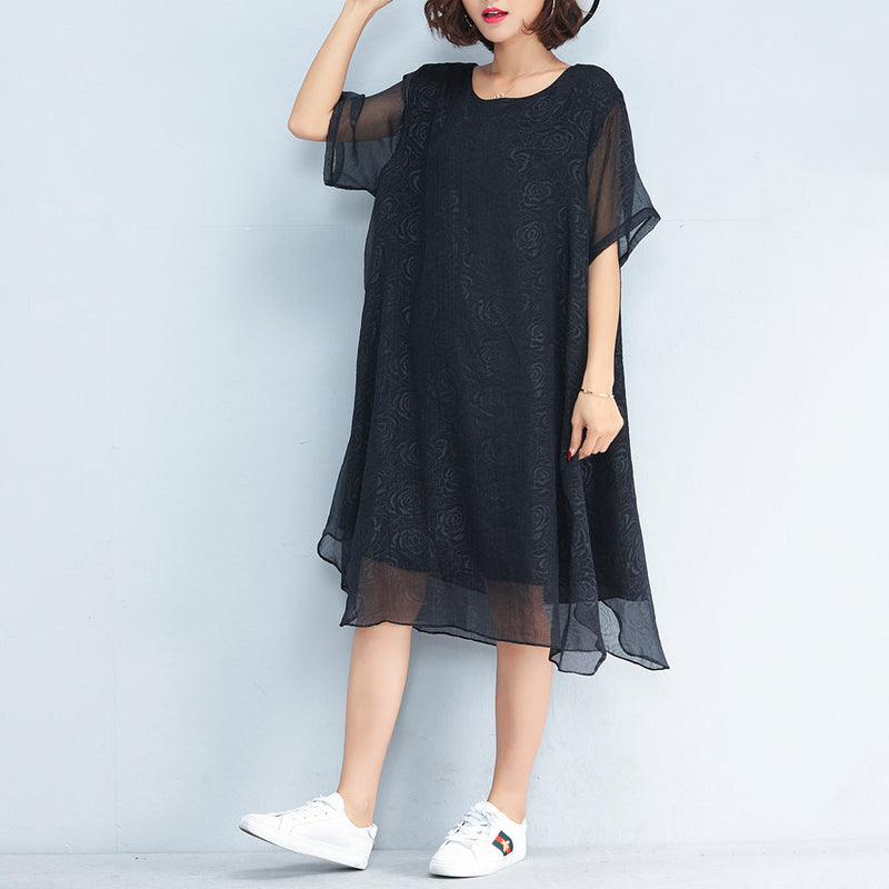 Baggy Black Chiffon Knee Dress Oversized Traveling Clothing Short Sleeve Layered Chiffon Dress