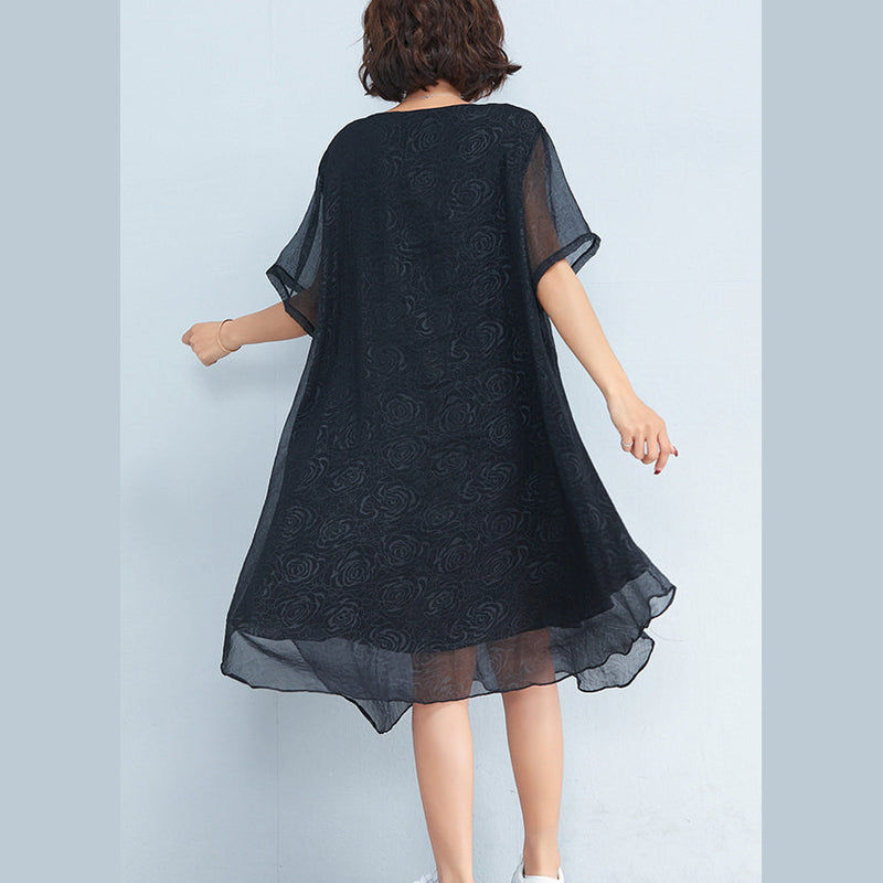 Baggy Black Chiffon Knee Dress Oversized Traveling Clothing Short Sleeve Layered Chiffon Dress