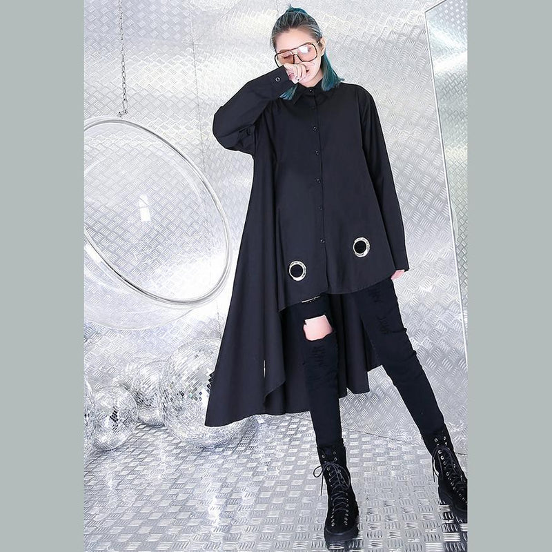 Baggy Black Knee Dress Cotton Dress Asymmetrical Design Peter Pan Collar Clothing Dress