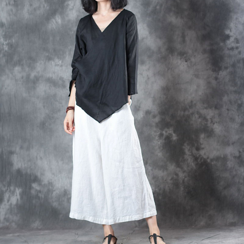 baggy black linen blouse plus size clothing holiday tops vintage half sleeve v neck tie waist linen t shirt