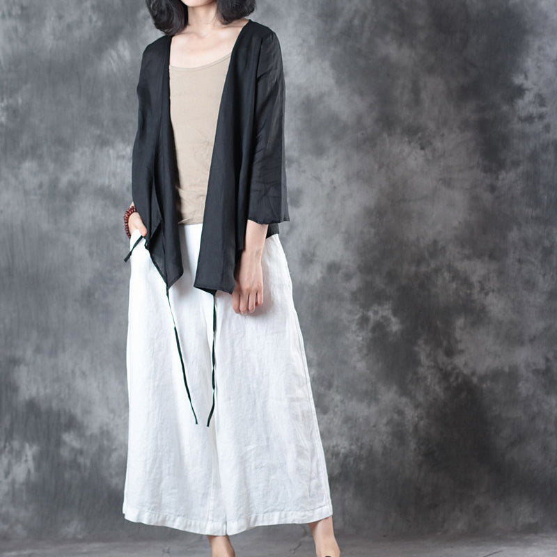 baggy black linen blouse plus size clothing holiday tops vintage half sleeve v neck tie waist linen t shirt